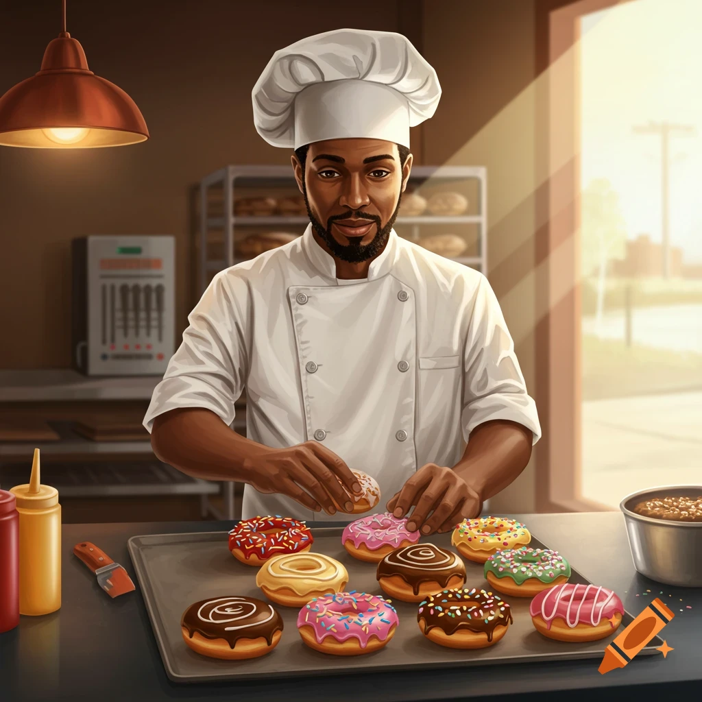 A Black chef prepares donuts on a tray in a sunlit bakery.