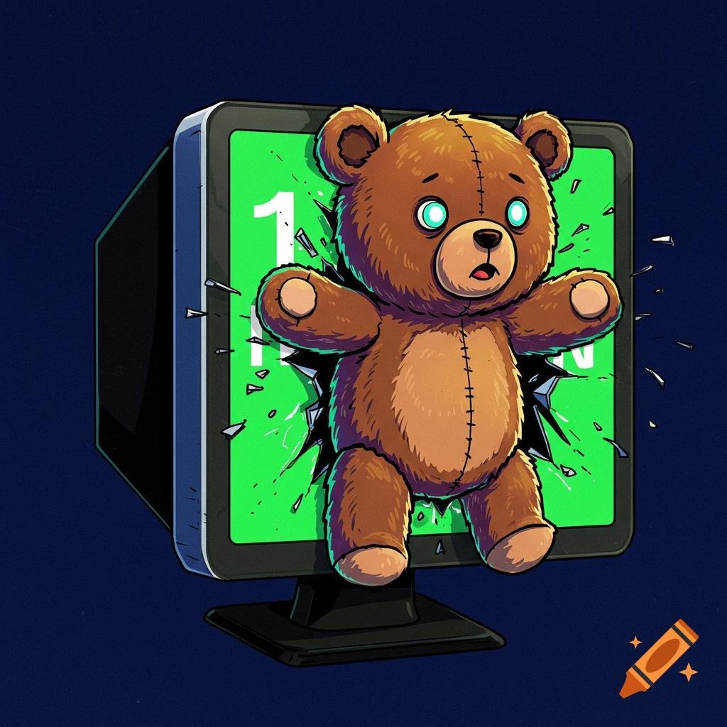 A cartoon teddy bear is breaking out of a computer screen that shows a large number 1.