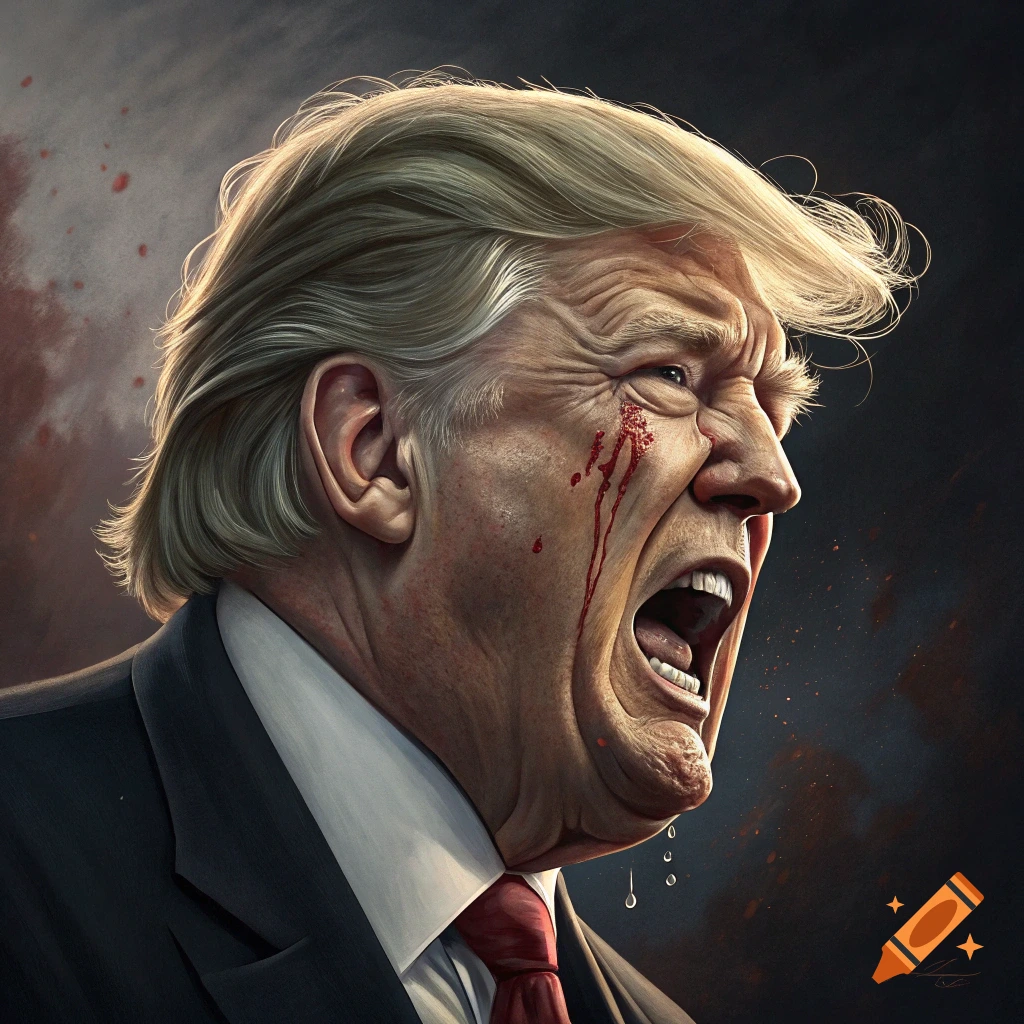 Painted portrait of Donald Trump screaming with blood on his face.