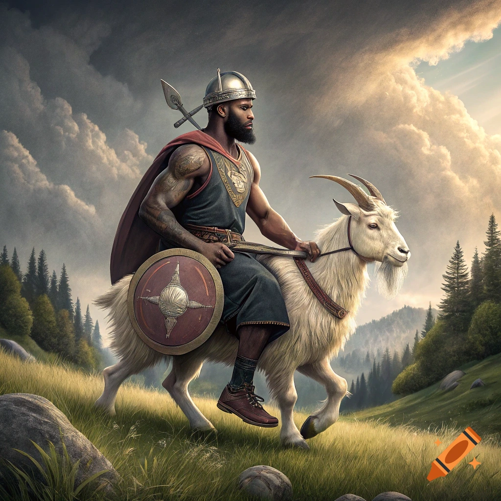 A Black man in a viking helmet and red cape rides a goat on a grassy hill under a dramatic sky.