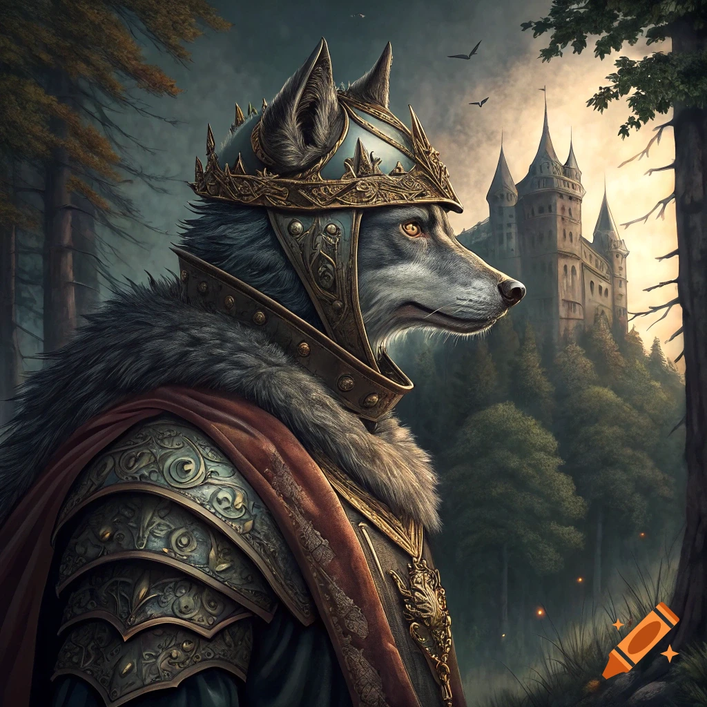 A wolf wearing ornate medieval armor and a helmet stands in a forest with a castle behind it.