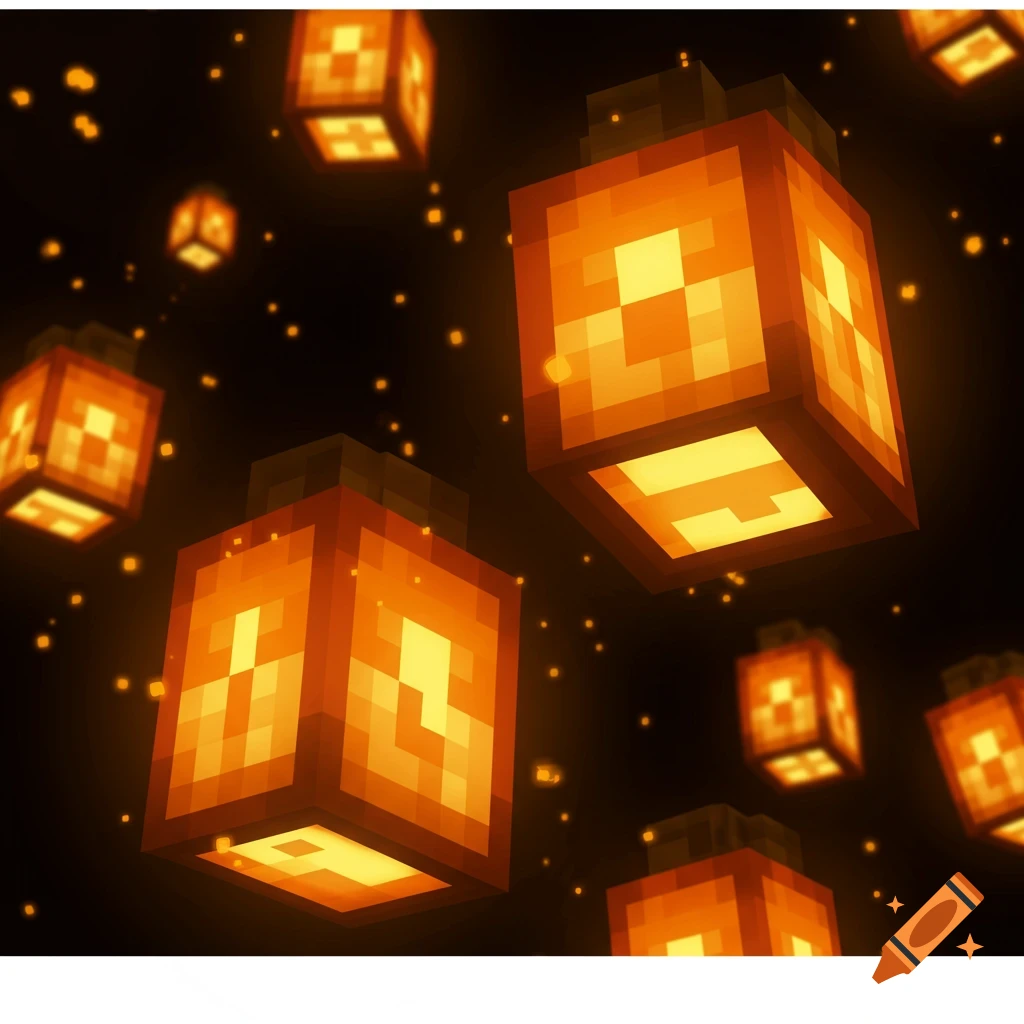 Blocky, glowing orange lanterns float in the dark, in a Minecraft pixel art style with bloom effects