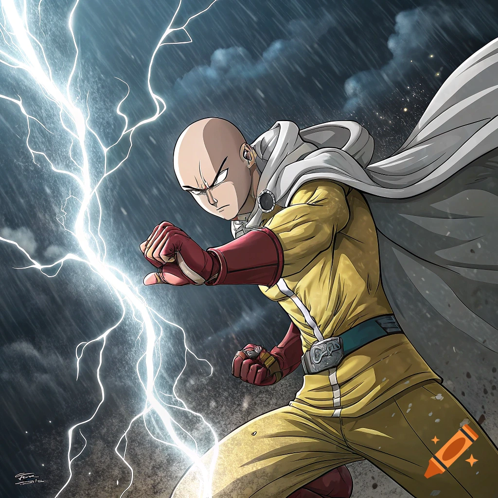 Anime illustration of Saitama in a fighting pose with lightning striking beside him in the rain.