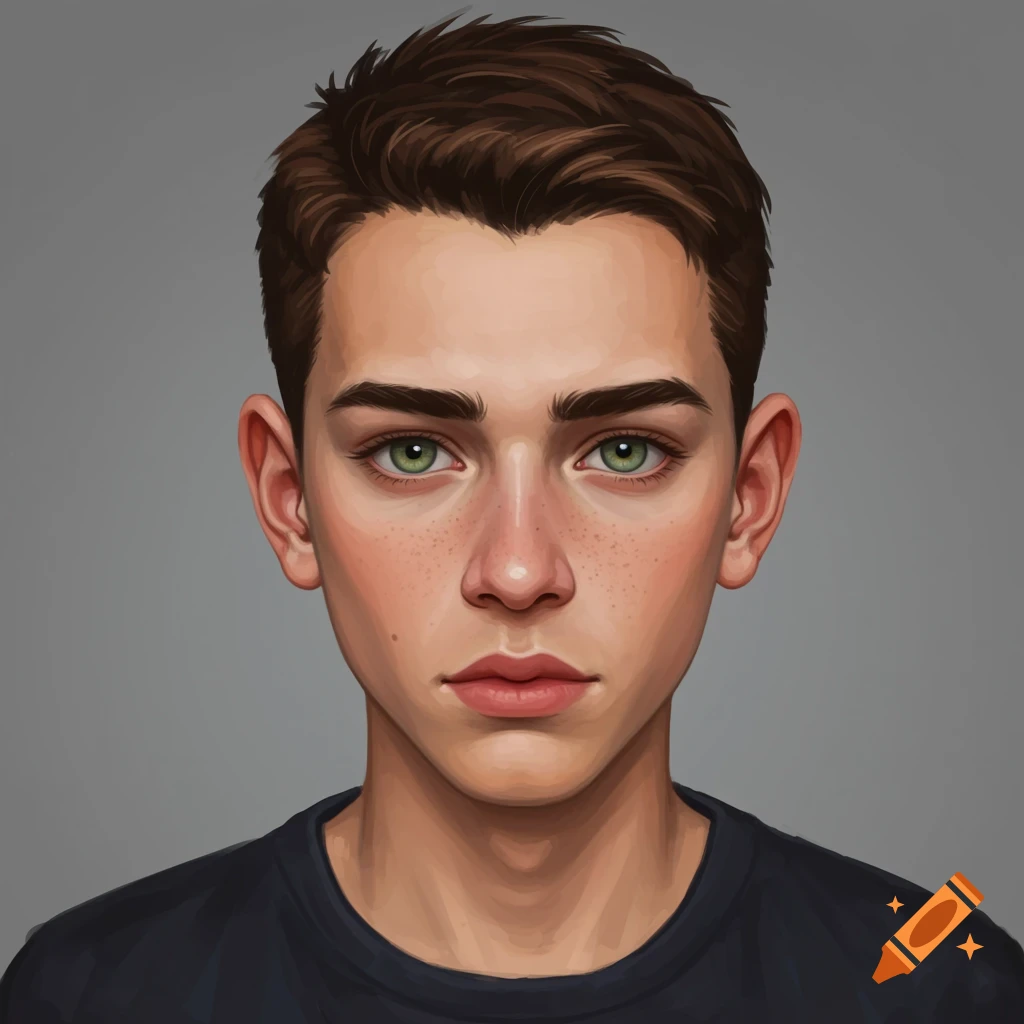 A young man with freckles and green eyes