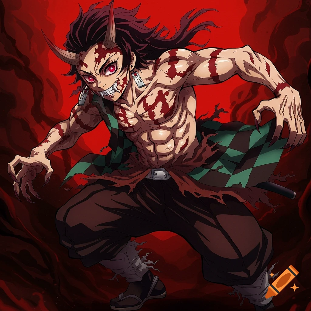 Demon Slayer character Tanjiro as a demon, with horns, claws, and blood markings, in anime style