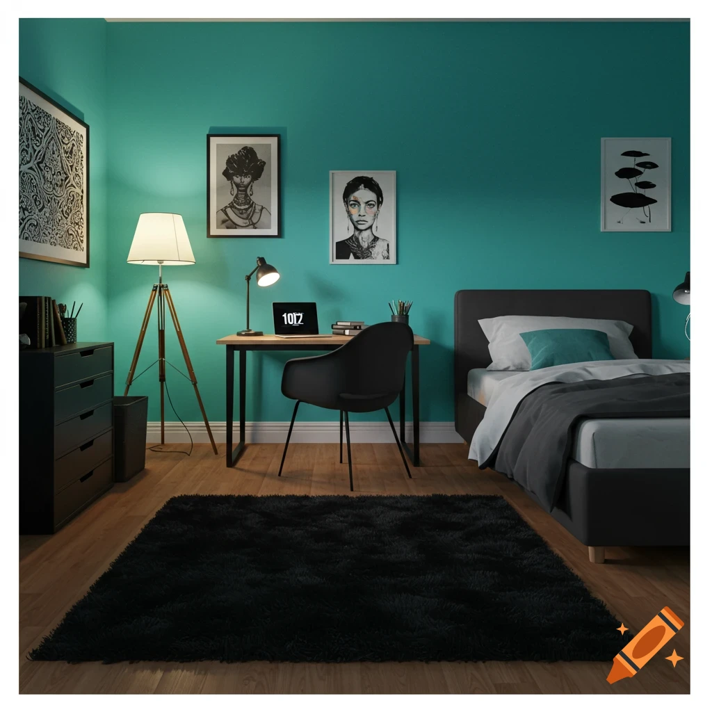 A bedroom with teal walls, a black furry rug, a bed, and a desk with a laptop.
