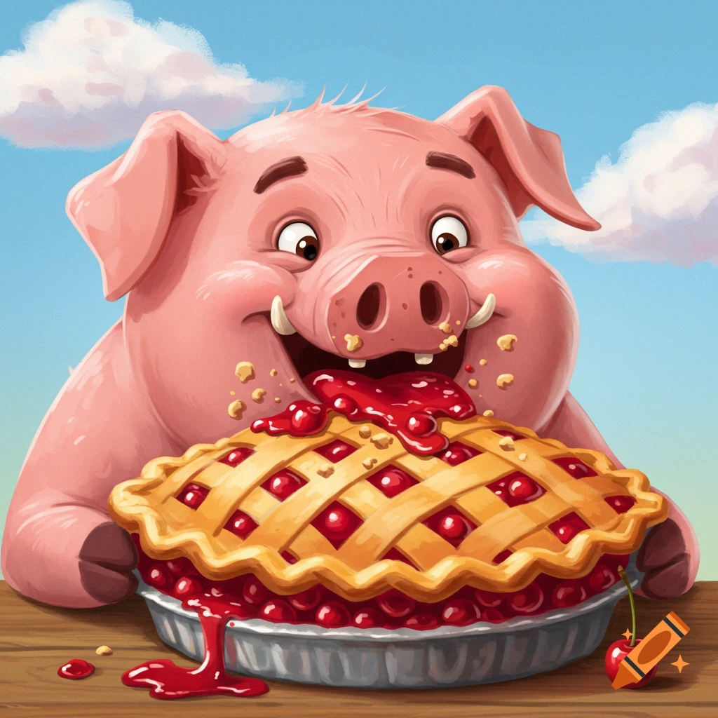 Cartoon pig happily eating a cherry pie, messy with crumbs and filling.