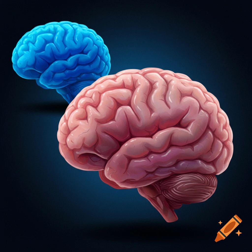 Illustration of a pink brain in the foreground and a blue brain behind it on a dark background.