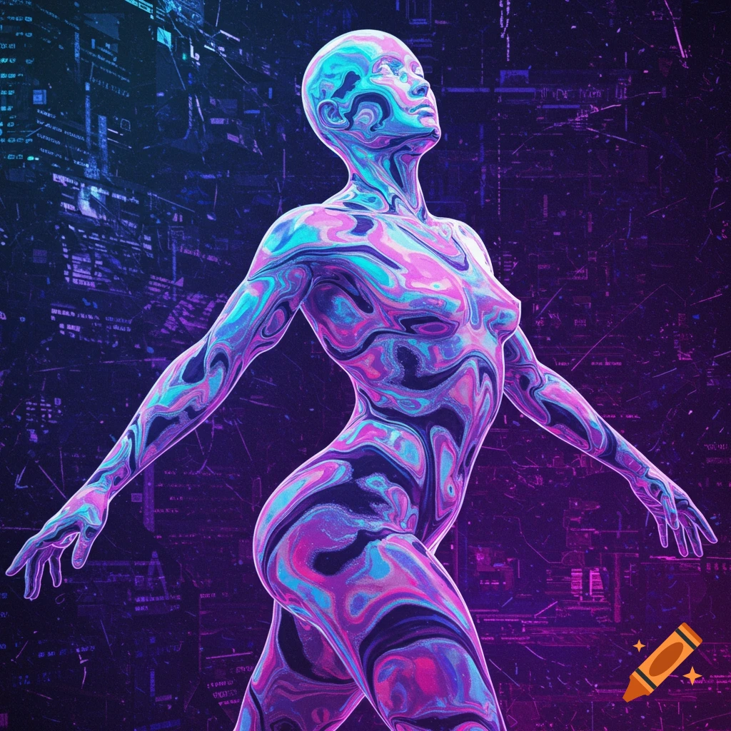 Abstract figure with swirling patterns in a cyberpunk setting