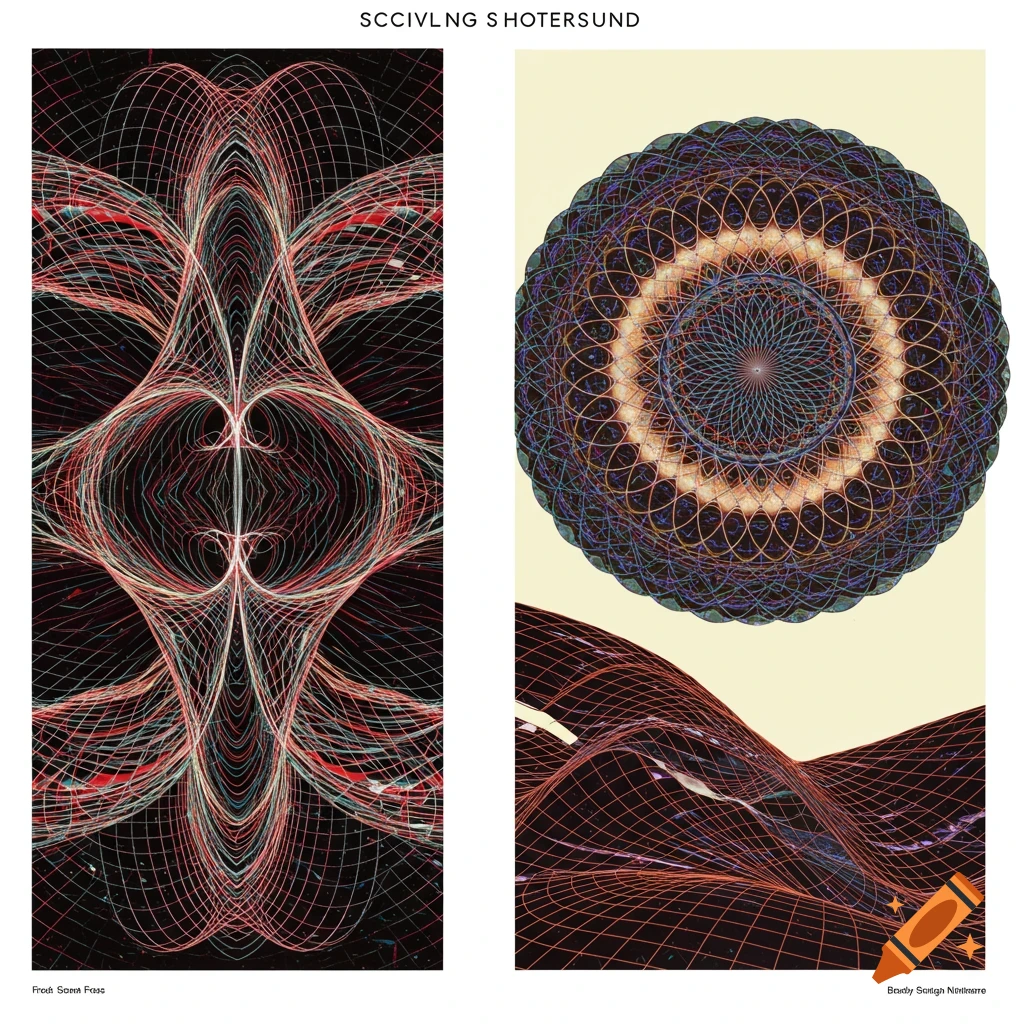 Abstract geometric patterns with wavy lines and a circular mandala form, using colorful lines on a dark background.
