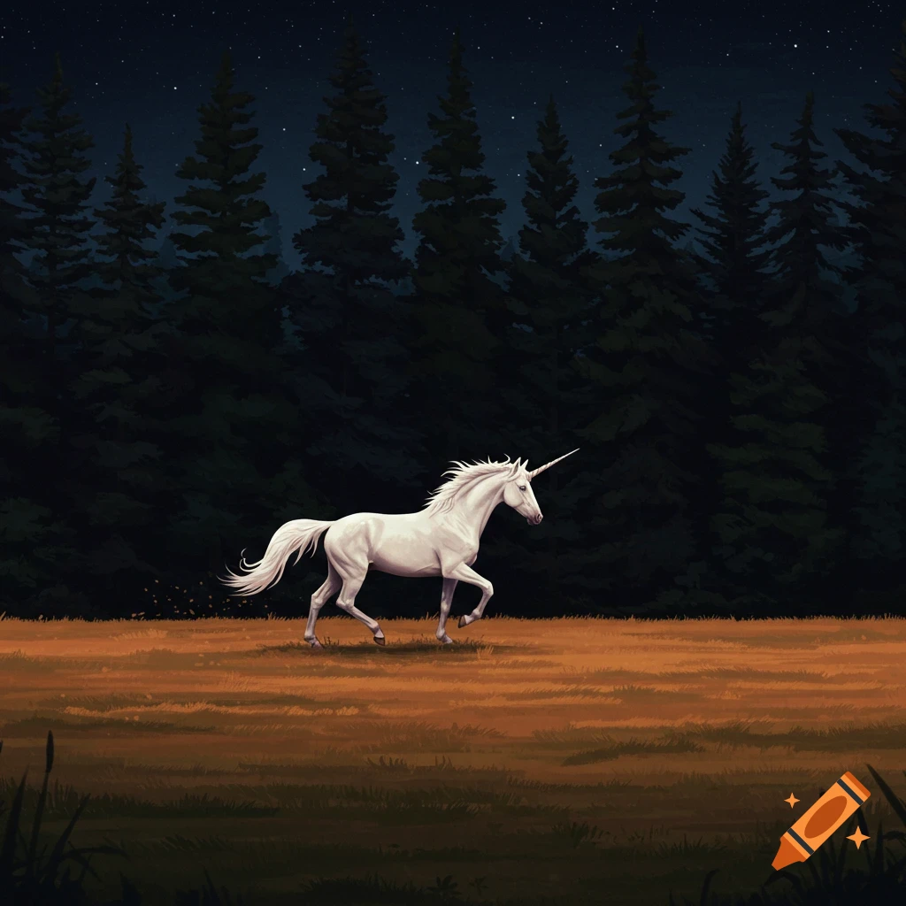 A white unicorn runs through a field at night with a dark forest and stars in the background.