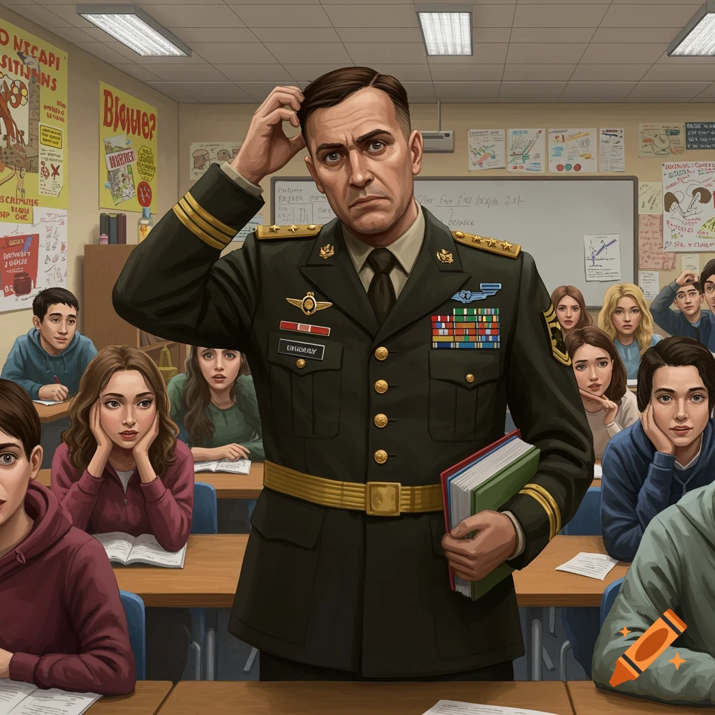 An army officer scratches his head while standing in a classroom with students looking on.
