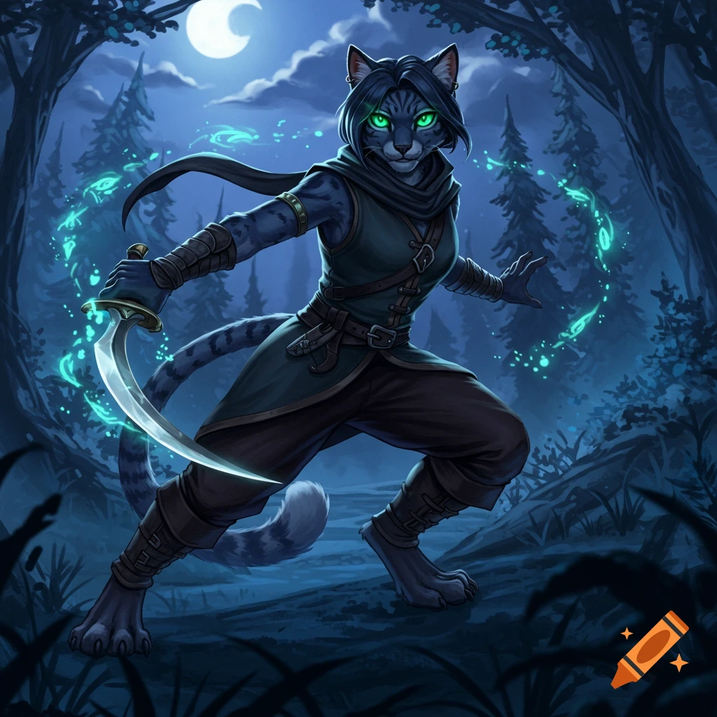 A feline humanoid rogue stands ready in a dark forest under a crescent moon, holding a curved dagger.