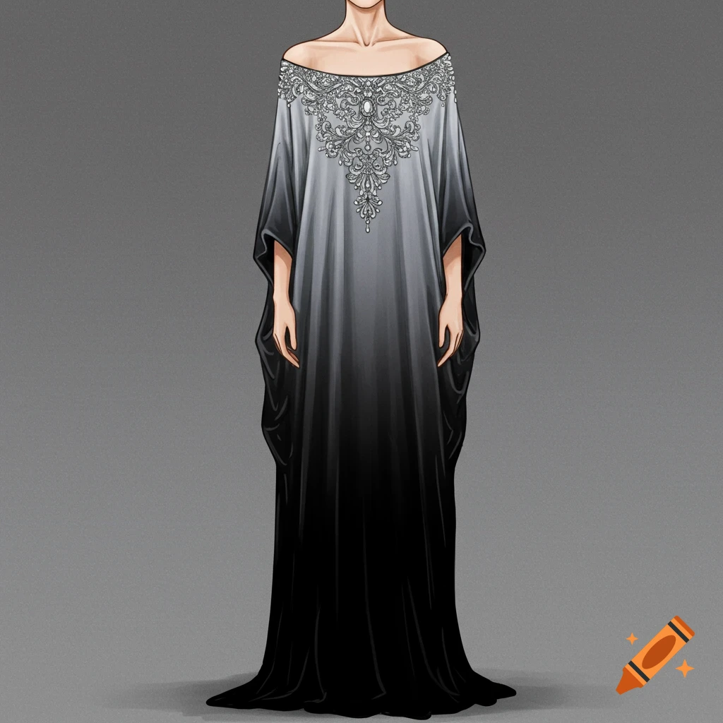 Stylized illustration of a person wearing an elegant off-the-shoulder gown with a silver-grey to black gradient and intricate silver embellishment.