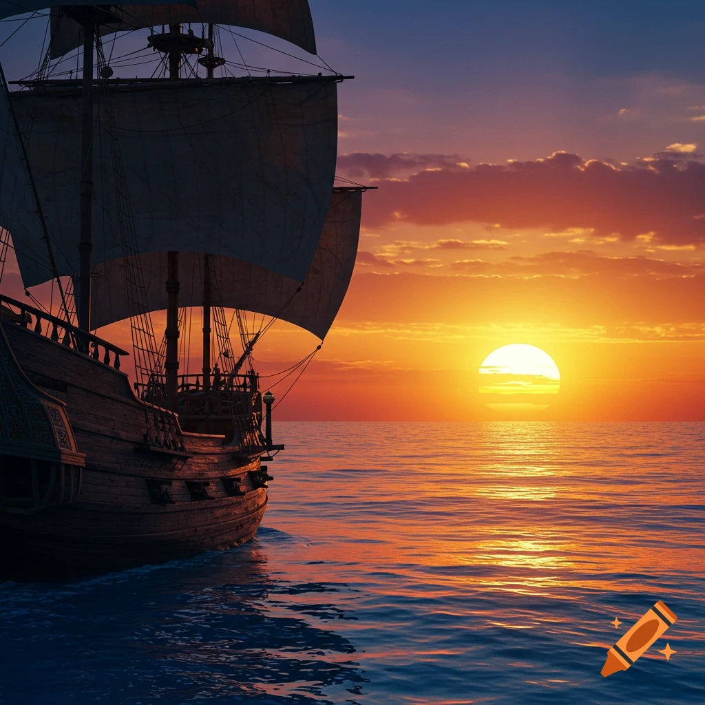 A Spanish ship sails on the sea at sunset.