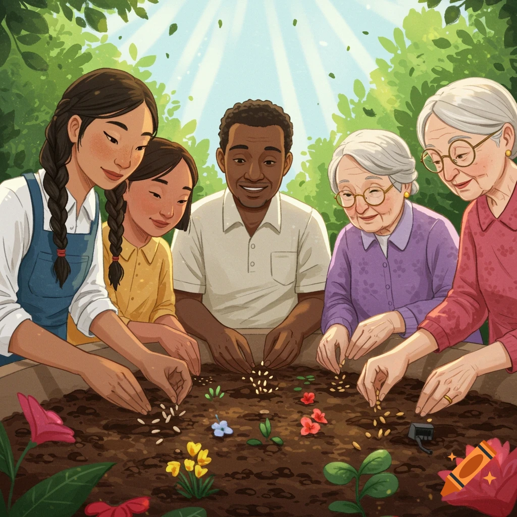 Diverse people planting seeds in a raised garden bed. Illustration style.