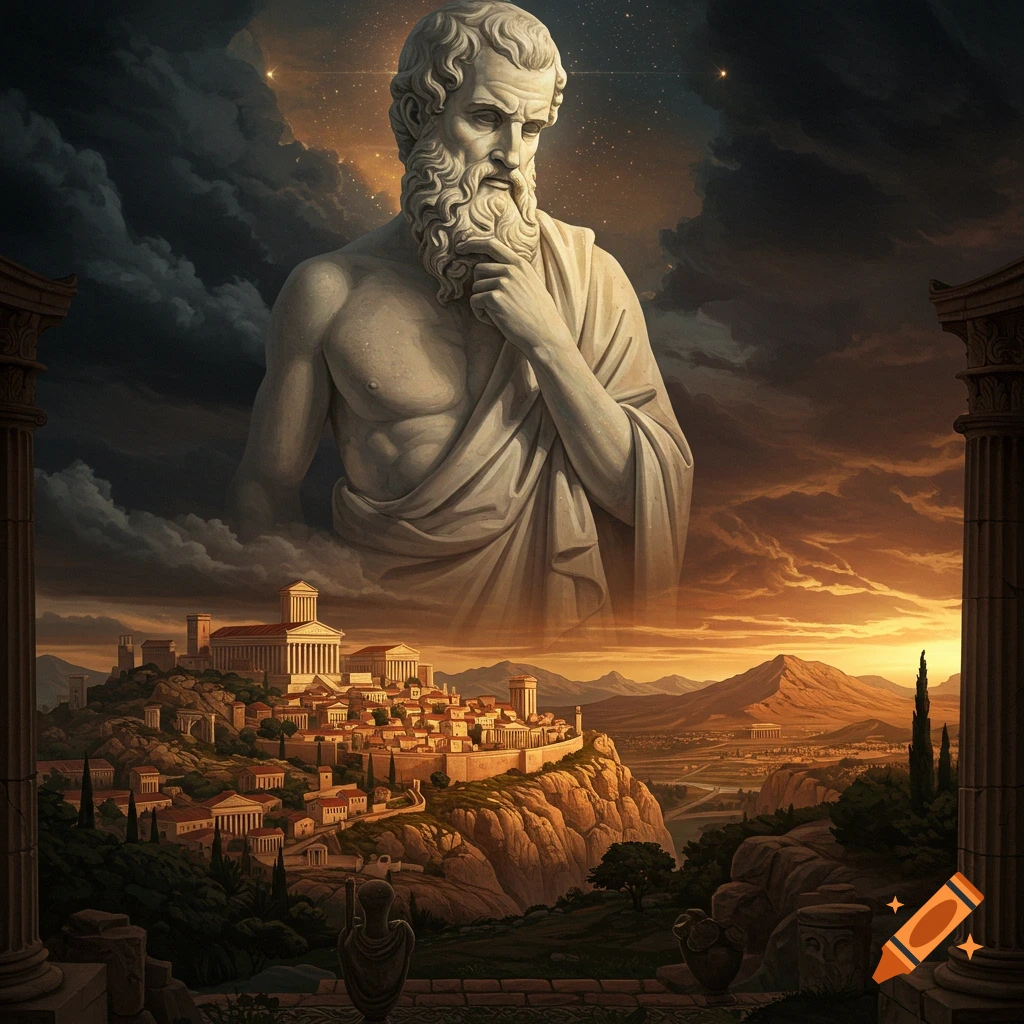 Giant stone statue of a philosopher overlooking an ancient Greek city under a dramatic twilight sky.