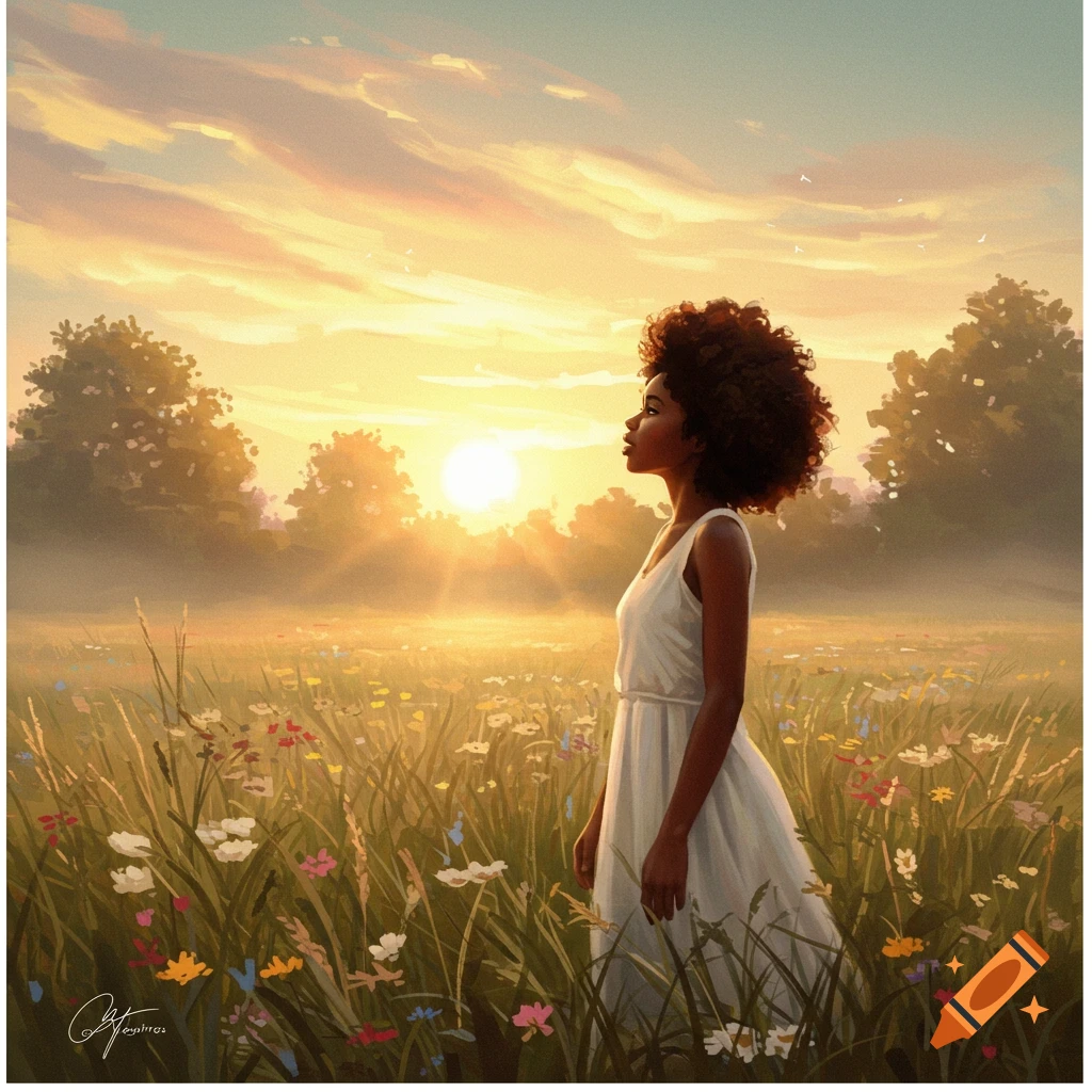An artistic image of a woman in a white dress standing in a field of wildflowers at sunset.