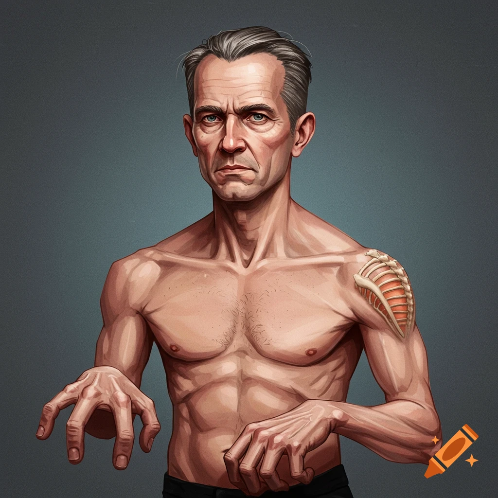 Illustration of a shirtless man with very long fingers and whale fin-like bone structure in his shoulder.