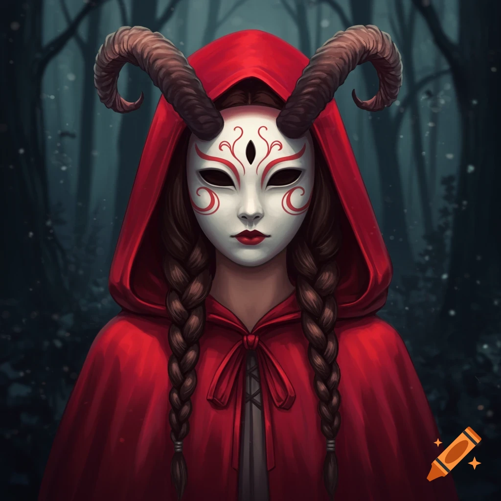 A girl in a red hood and a white mask with red markings and horns in a dark forest.