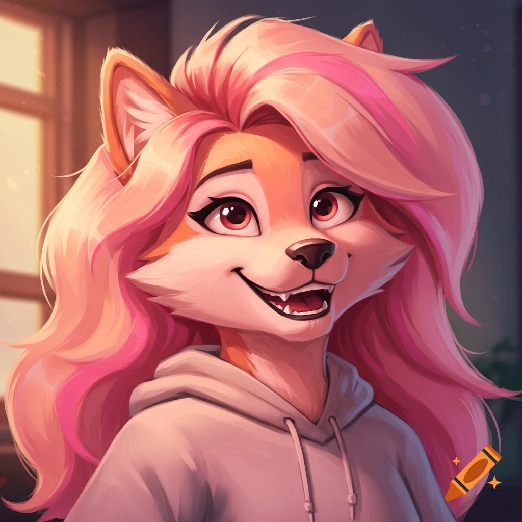 Close-up cartoon portrait of a happy anthropomorphic wolf character with long pink and peach hair wearing a grey hoodie.