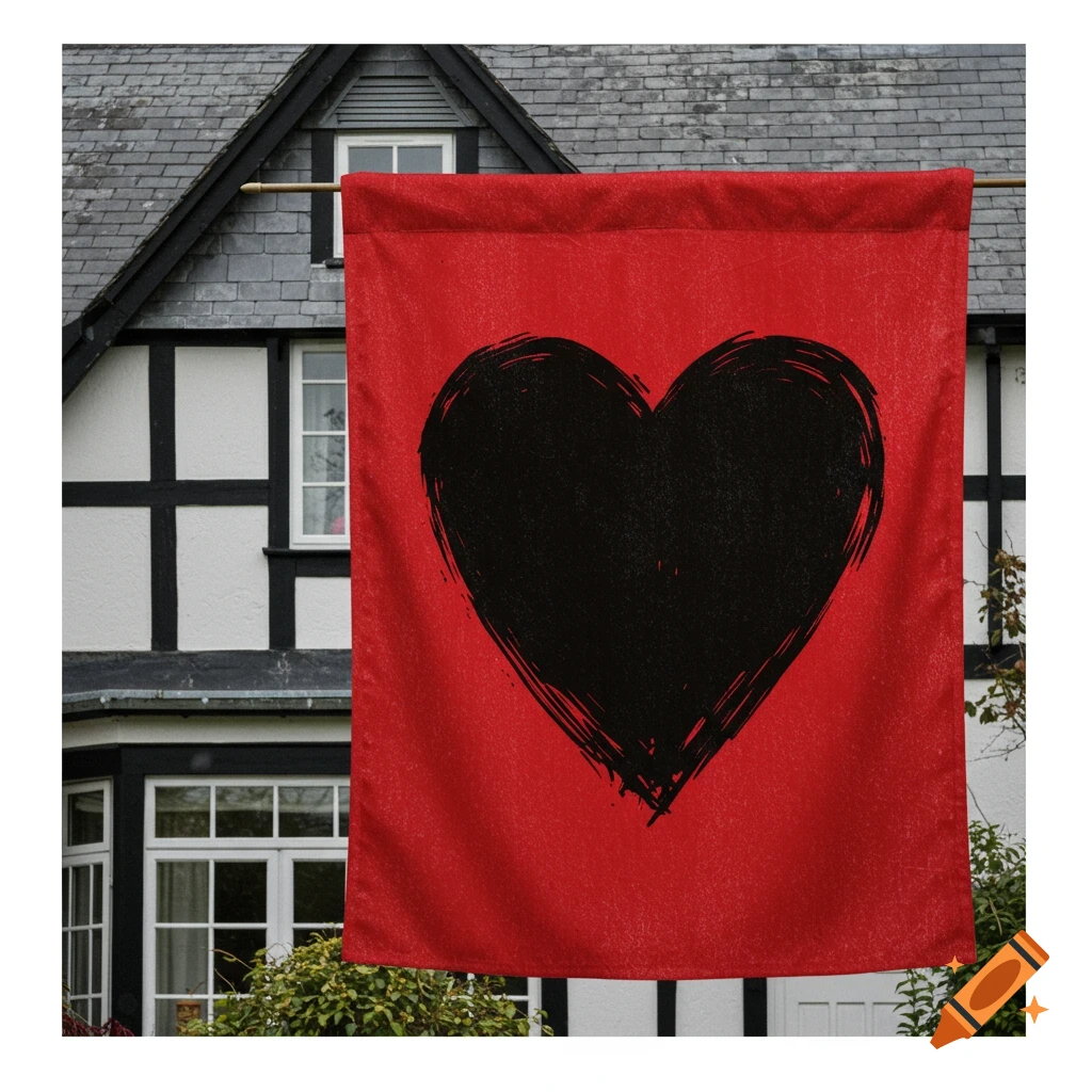 A red house banner with a black brushstroke heart.