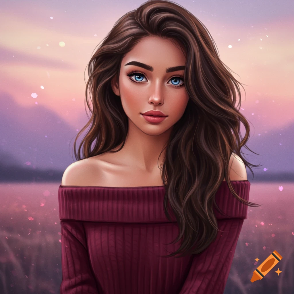 Illustration of a woman with brown hair, blue eyes, in a red off-shoulder sweater against a pastel landscape.