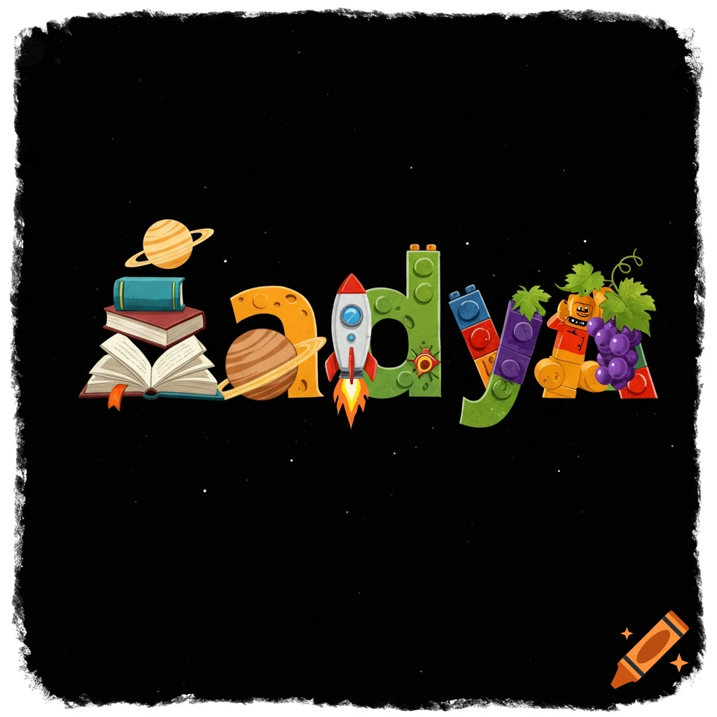 Illustrative text spelling Aadya using books, planet, rocket, LEGO, and grapes on a starry black background.