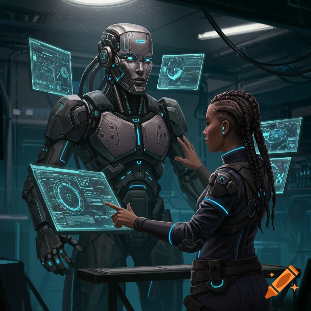 A woman interacts with a large robot via holographic screens in a futuristic lab.