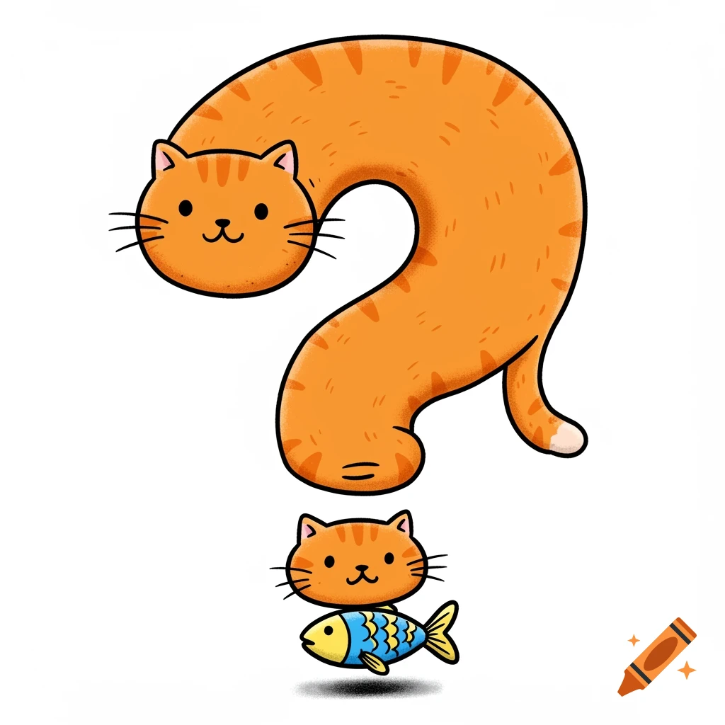 Cartoon orange cat shaped like a question mark with a smaller cat head and fish below.