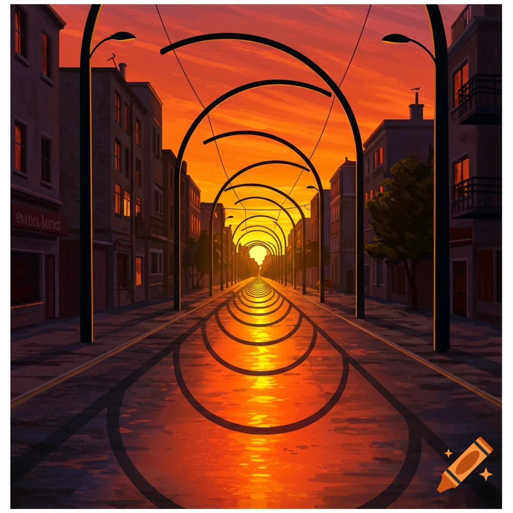 A stylized street scene at sunset with large parabolic arches over tram tracks, wet ground reflecting the orange sky.