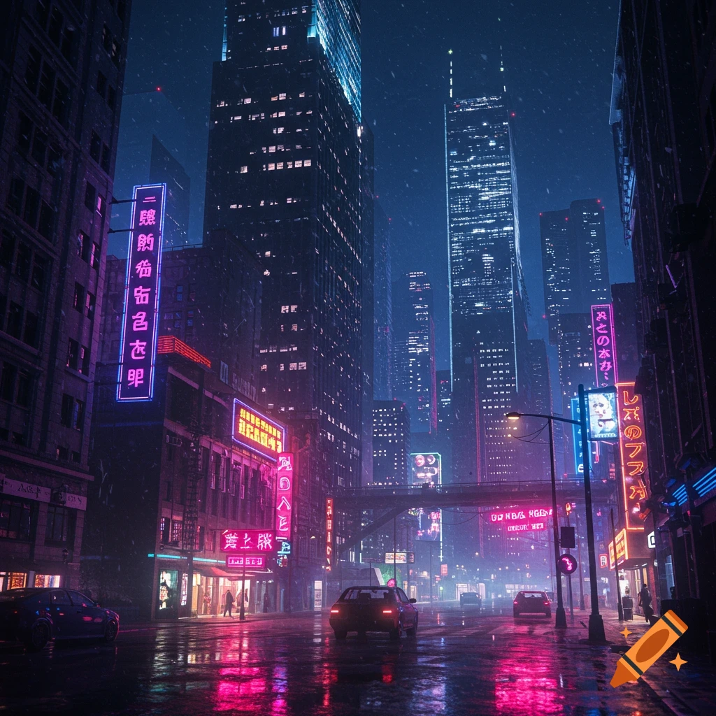 A rainy street scene in a futuristic city at night, lit by vibrant neon signs reflecting on the wet pavement, in a cyberpunk style.