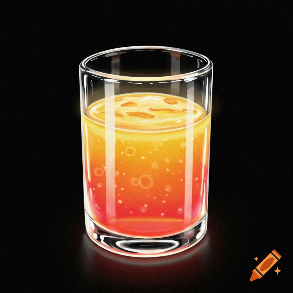 Illustration of a glass with layered orange and yellow bubbly liquid on a black background.