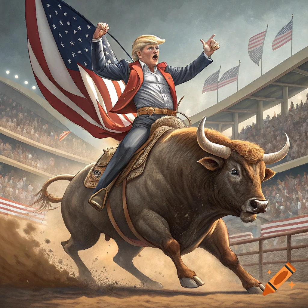 Man resembling Trump rides a bull in a rodeo arena, holding an American flag.