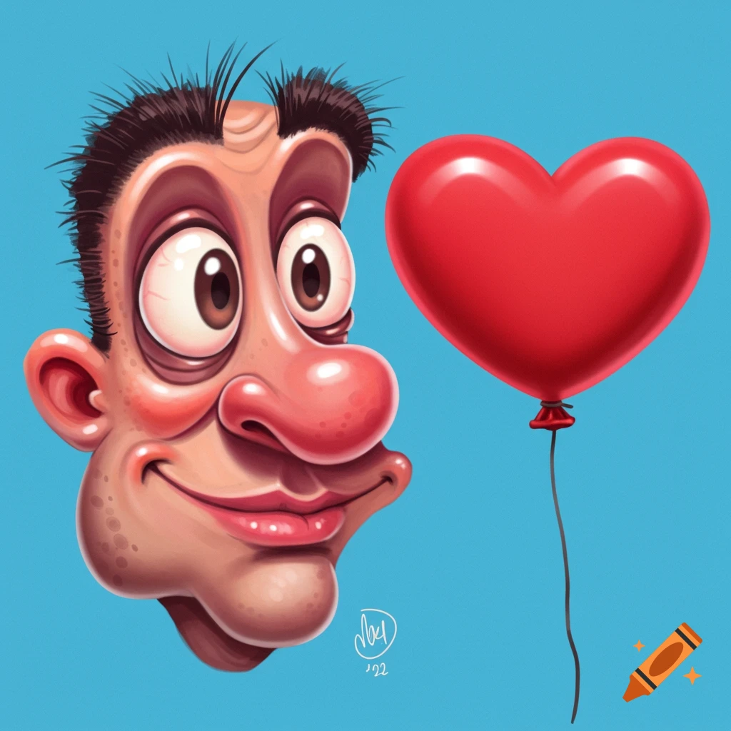 Illustration of a cartoon face looking at a red heart balloon.