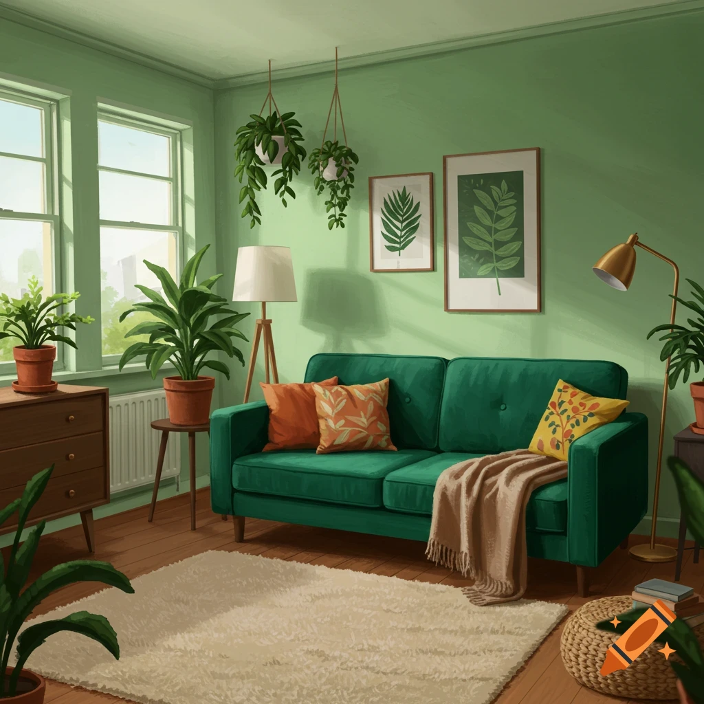 An illustration of a green living room with a couch, plants, large windows, and warm lighting.