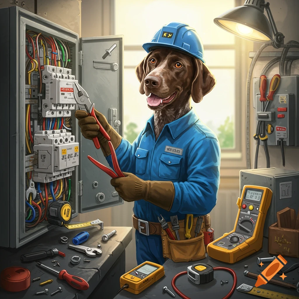 A German shorthaired pointer dog electrician working on an electrical panel surrounded by tools.