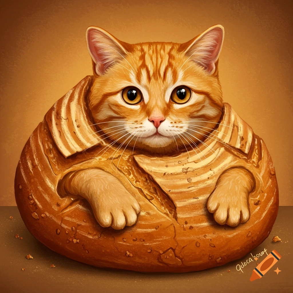 An orange tabby cat peering out from inside a round loaf of bread.