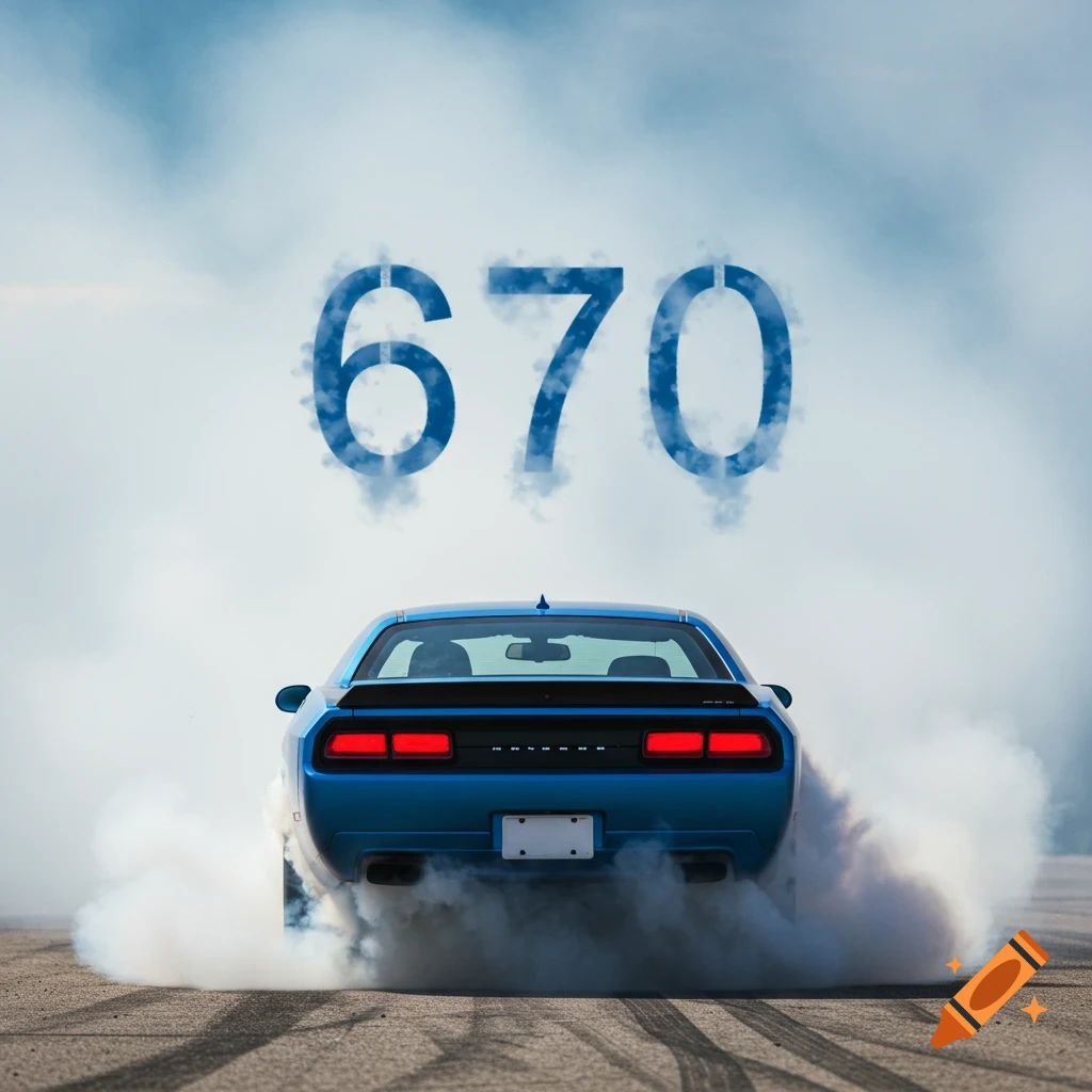 A blue muscle car does a burnout, creating smoke that forms the number 670 in the sky.