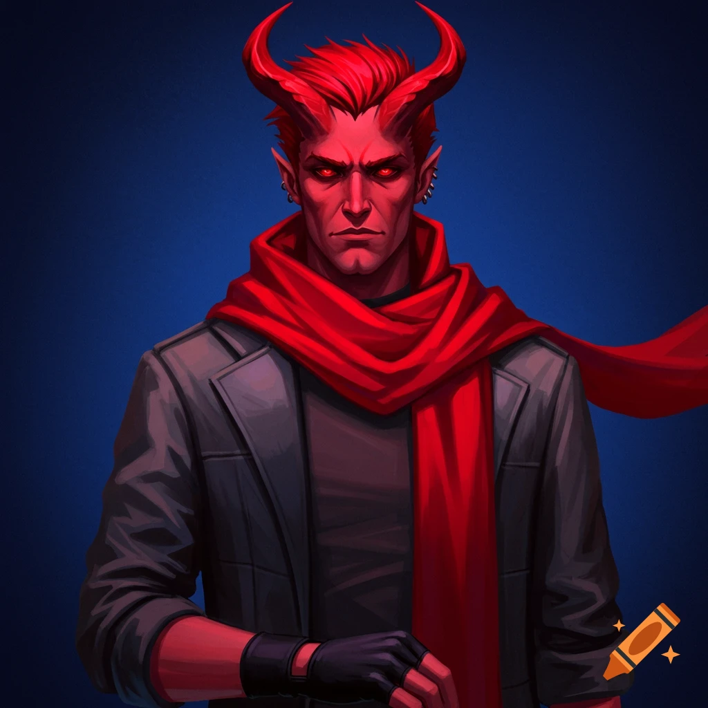 Stylized illustration of a red-skinned man with horns, red eyes, a red scarf, and a grey jacket.