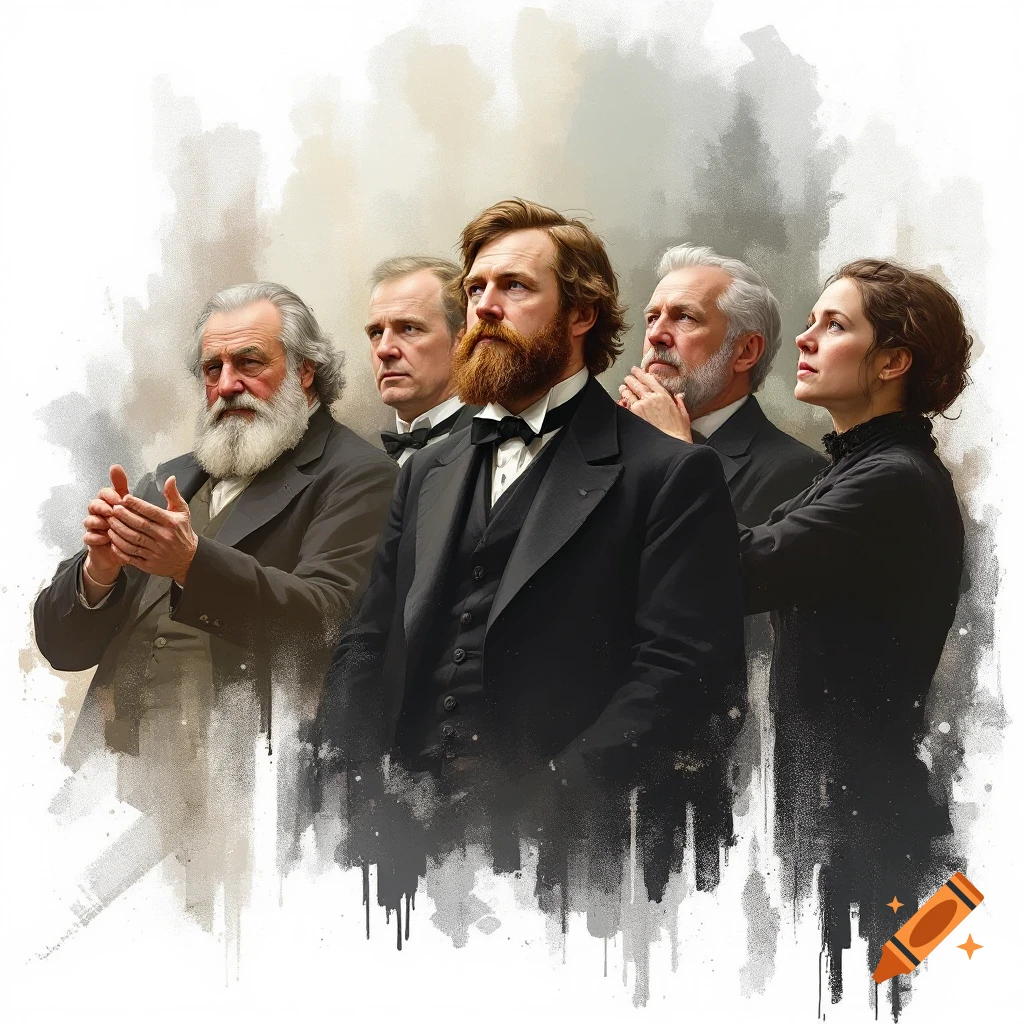 Group of five historical figures in 19th-century attire looking upwards, painted in a watercolor style.