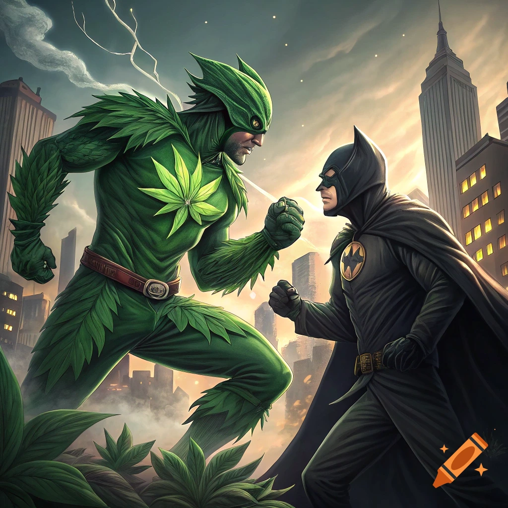Two superheroes, one in a green leaf suit and one in black, face off in a city with skyscrapers at sunset, comic art style.