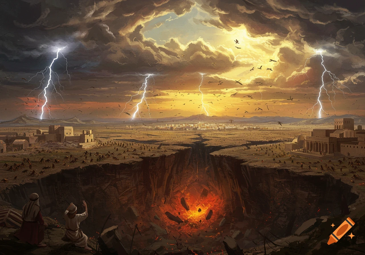 Dramatic painting of a large chasm in the earth with lava below, stormy sky with lightning, and people near buildings in a desert.
