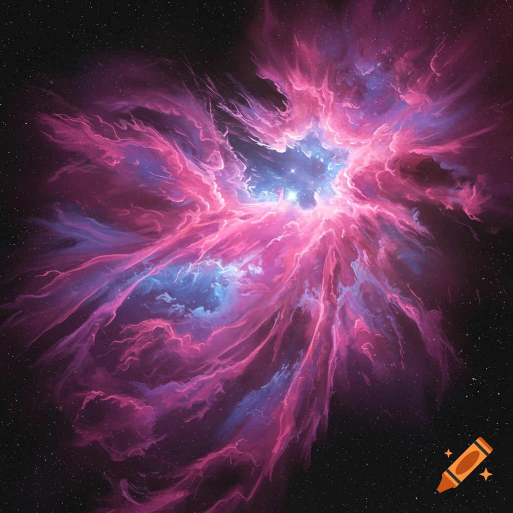A bright pink and blue nebula swirls in deep space.