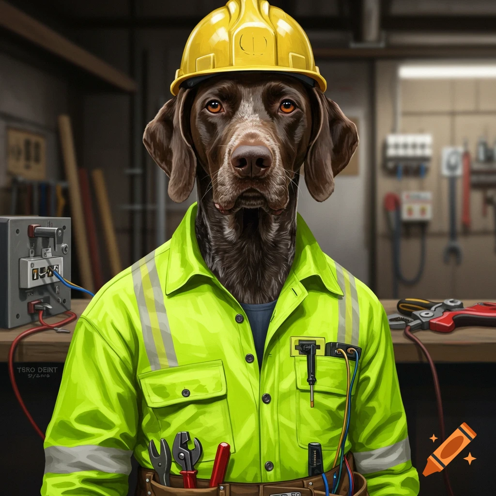 A German Shorthaired Pointer dog wears a yellow hard hat and an electrician's vest and tool belt in a workshop.