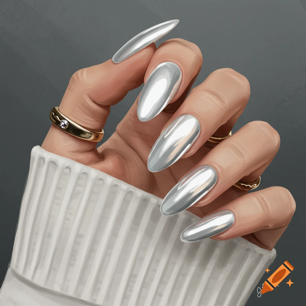 Close-up of a hand with long, shiny silver chrome almond-shaped nails and rings, wearing a white sweater.