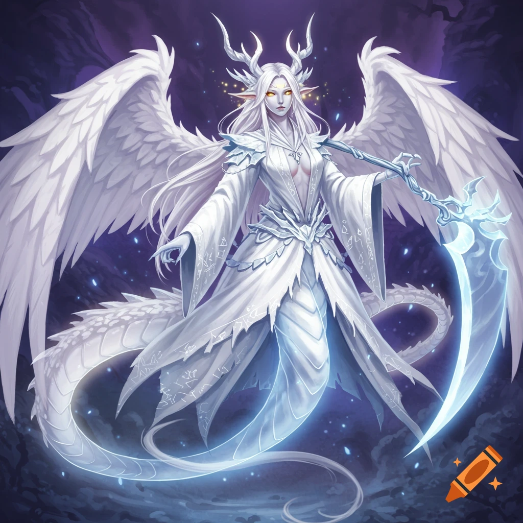 Anime fantasy illustration of a white dragon female character with wings, antlers, and a glowing scythe.