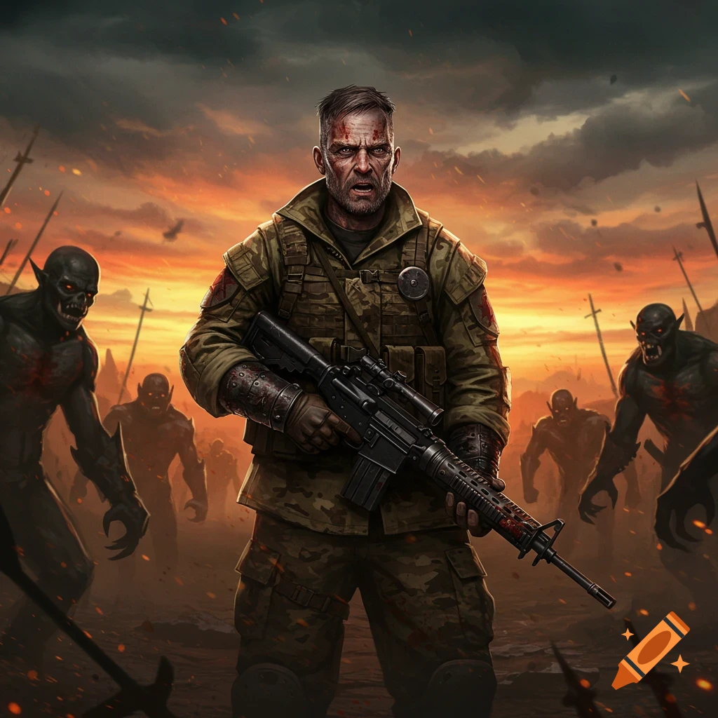 A heroic soldier holds a rifle facing a horde of monsters in a fiery battle scene illustration.
