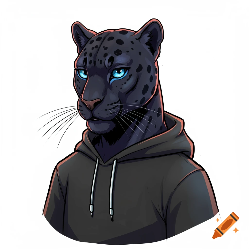 Cartoon black panther with blue eyes wearing a dark hoodie