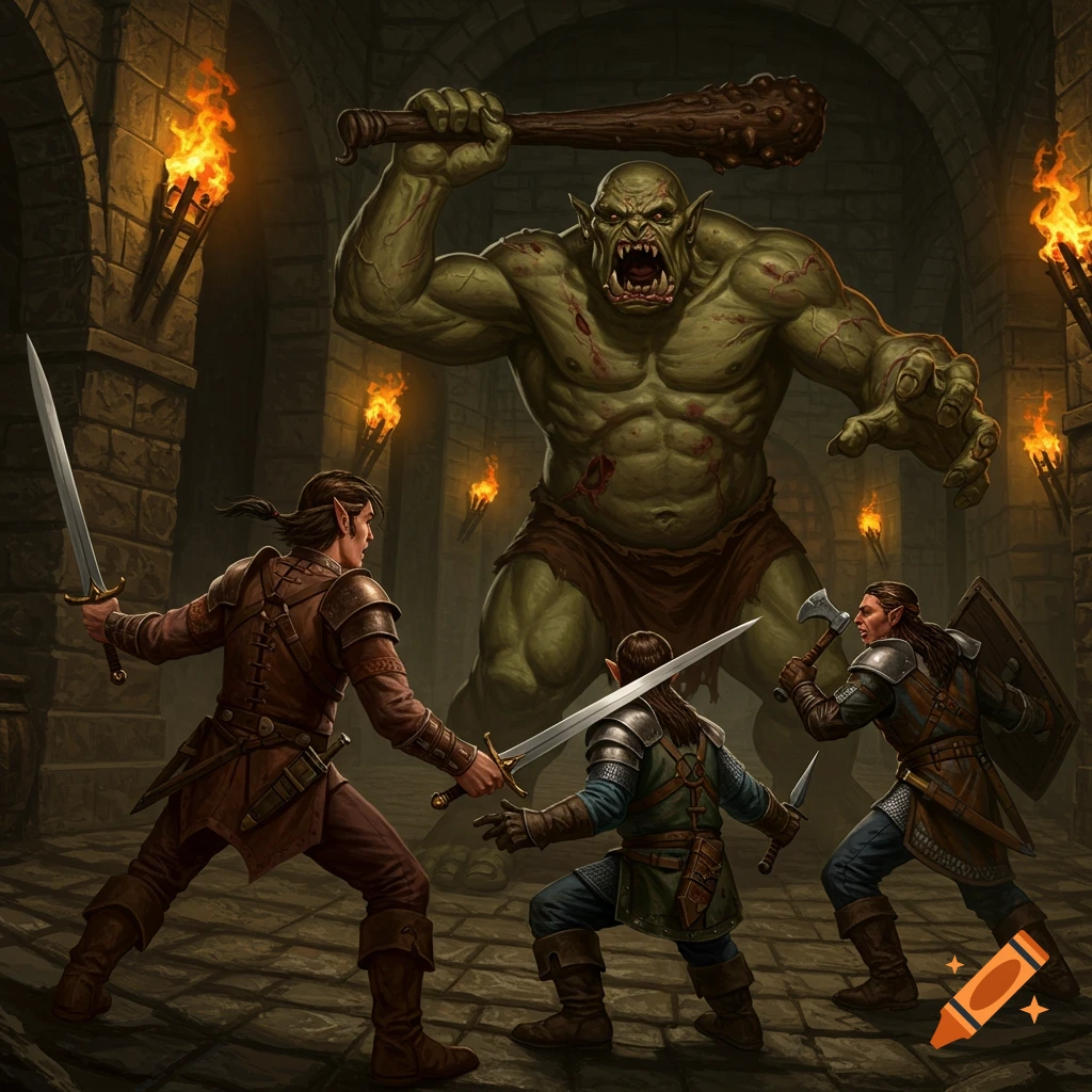Warriors battle a large ogre in a torchlit dungeon, painted style.